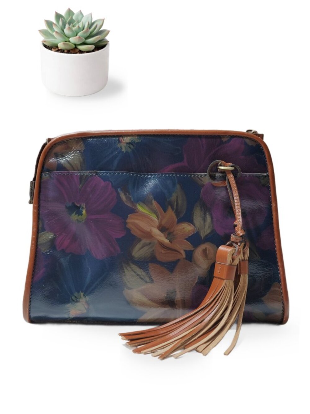 Patricia Nash Hand-Painted Floral Leather Clutch Bag Tassel Navy Purple Purse